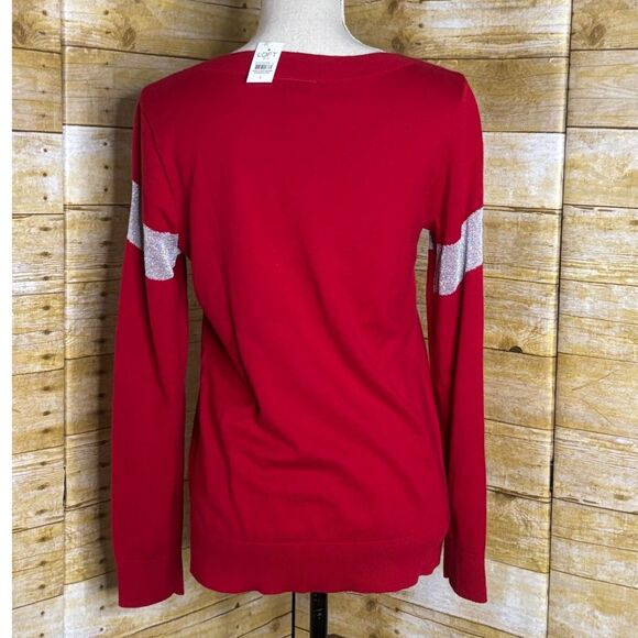 LOFT FESTIVE DRESSY PARTY RED KNIT SWEATER WITH SILVER BOW DESIGN ON FRONT SMALL - Picture 3 of 3